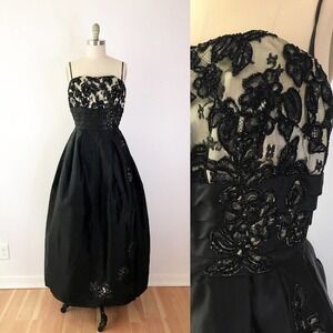 60s Formal Lace Dress Vintage Long Black Maxi Dress Structured Full Skirt Prom